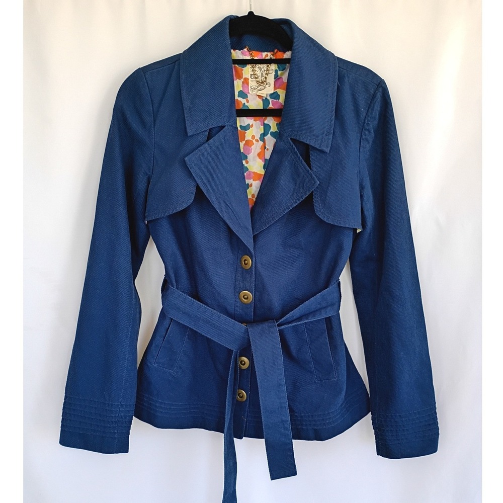Tulle Womens Blue Textured Belted Utility Jacket Size M Brass Snaps Pockets